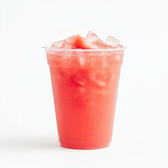 watermelon liquid juice with ice filled plastic cup isolated 