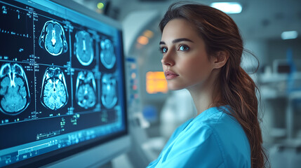 Wall Mural - Young woman doctor looking at x-ray image in hospital