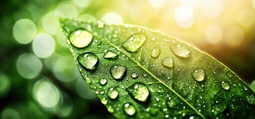 Green leaf holding sparkling water drops in sunlight