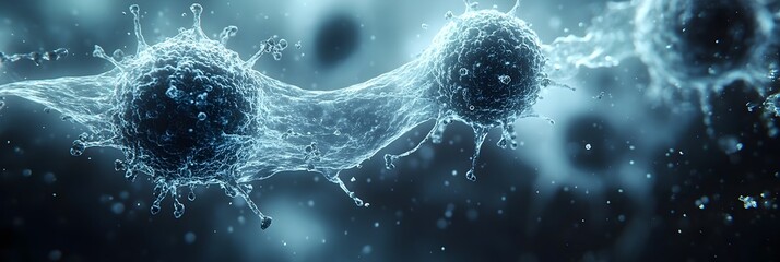 Poster - Microscopic view of virus or bacterial cells structure under laboratory microscope in scientific research for healthcare,medicine and vaccine development. Concept of infectious disease.