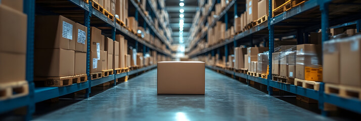 Poster - Expansive warehouse interior with towering shelves stacked with cardboard boxes,showcasing an organized and efficient logistics setup for product storage,distribution,and supply chain management.