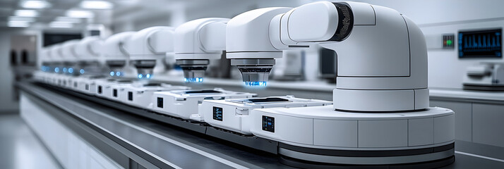 Leinwandbilder - Rows of state-of-the-art medical laboratory equipment,including microscopes and other high-tech instruments,designed for cutting-edge scientific research,healthcare diagnostics.