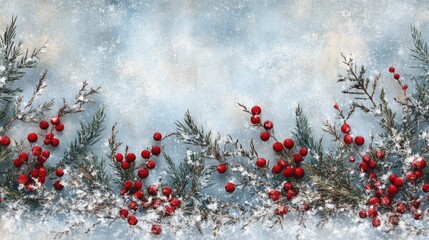 snow-dusted christmas border with red berries and icy pine needles, capturing the cold, fresh start 