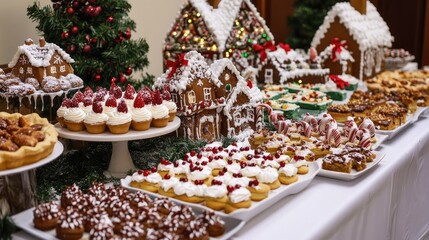 A beautifully decorated holiday dessert table, filled with Christmas cookies, pies, and gingerbread houses