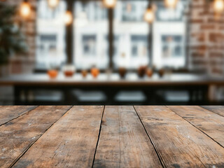 Poster - Empty wooden tabletop with blurred restaurant background