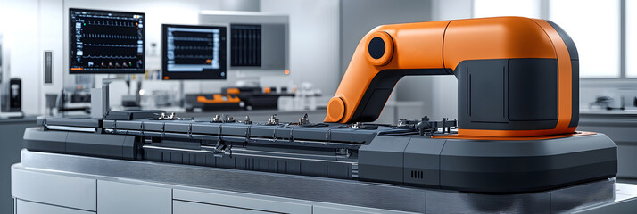 Poster - Sophisticated robotic arm in an advanced,computerized industrial manufacturing setting showcasing the latest innovations in automated production technology and machinery.