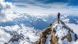 © KYR - A captivating view of a lone traveler on a mountain summit, with a backpack and stunning panoramic views of snow-covered terrain