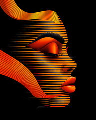 A woman's face is shown in black and orange. The orange lines on her face give the impression of a wave or a ripple. Scene is one of fluidity and movement