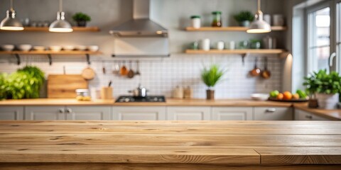 Poster - Empty Wooden Table Top Against Blurred Kitchen Background