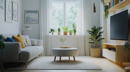 Wall Mural - Modern living room with natural light and plants, featuring a cozy sofa and minimalistic decor in a serene atmosphere