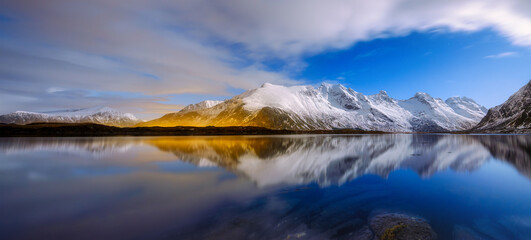 Wall Mural - lofoten islands, norway. panoramic landscape. moon light. long exposure photography. reflection on t