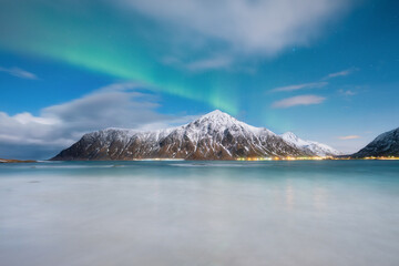 Wall Mural - northern lights in norway, lofoten islands. winter night landscape. starry sky with polar lights. au