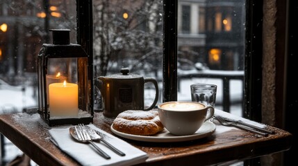 Canvas Print - A table with a cup of coffee and a pastry on it