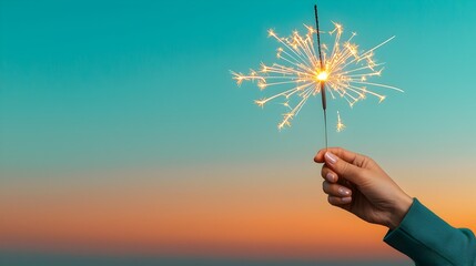 Poster - Hand holding a glowing sparkler against a vibrant sunset backdrop capturing the essence of freedom and the enchanting atmosphere of a celebratory moment