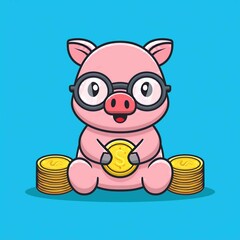 cute pig wearing glasses sitting with money And gold cartoon