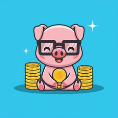 cute pig wearing glasses sitting with money And gold cartoon