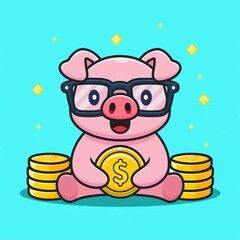 cute pig wearing glasses sitting with money And gold cartoon