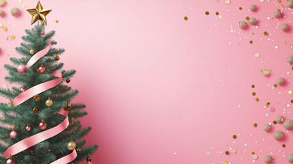 A festive pink Christmas background with a decorated Christmas tree with copy space.