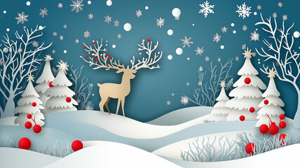 Vector illustration of a winter Christmas background with pine trees, a deer with holly on its antlers over the sky and shiny snowflakes.