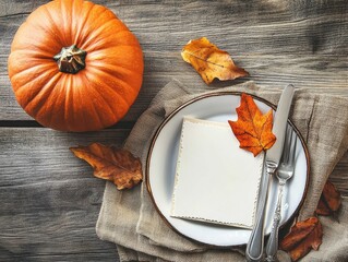 Wall Mural - Autumn table setting with pumpkin shaped card and decor on wooden background