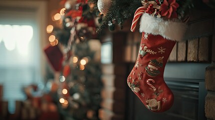 A Christmas stocking overflowing with small gifts, candy canes, and holiday treats, hanging on a fireplace mantel