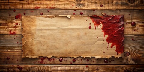 Poster - A vintage paper sheet stained with blood on a wooden surface