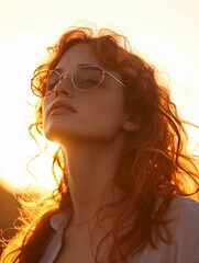 Redhead ginger young woman with sunglasses, golden hour, retro style