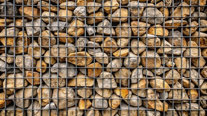 Poster - A grid of metal bars encases an assortment of rounded stones, forming a unique and visually appealing wall texture.