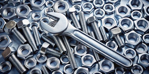 Poster - A gleaming wrench lies atop a scattering of bolts and nuts, each piece reflecting the light, symbolizing the power of precision and craftsmanship.