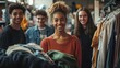 © GreenMOM - A diverse group of young adults smiling while exploring a trendy clothing store, showcasing friendship and fashion.