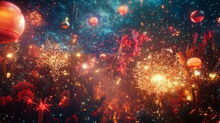 Futuristic fireworks in a vibrant night sky with floating planets