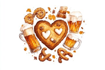 Canvas Print - A plate of treats featuring a heart shaped cookie surrounded by pretzels and a cold beer