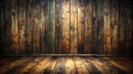 Fototapete - Rustic wooden wall and floor with warm light illuminating the space