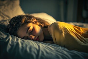 Sticker - A woman is peacefully sleeping on a bed with a yellow blanket, great for use in lifestyle and wellness photography