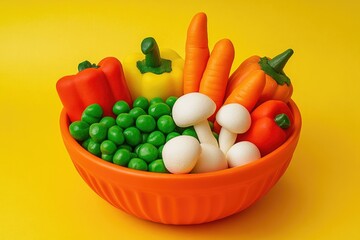 Poster - A bowl filled with mixed vegetables on a bright yellow surface, perfect for food styling and photography