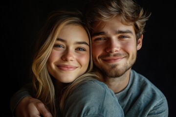 Wall Mural - A couple smiling and posing together for a photo, possibly in a studio setting