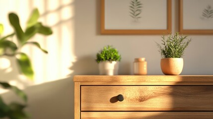 Poster - A wooden dresser with a decorative plant on top, suitable for interior design and home decor use