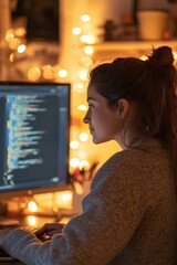 Sticker - A woman sits in front of a computer monitor, typing away