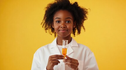 Poster - A woman in a lab coat holds a glass of orange juice, possibly taking a break or enjoying a refreshment