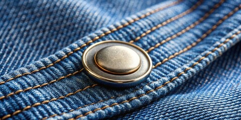 Aufkleber - Close-up of a metallic button on blue denim fabric with contrasting stitching