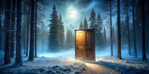 Poster - A Mysterious Doorway Leading Into A Foggy Winter Forest Under A Full Moon