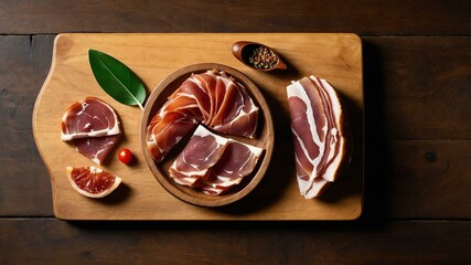 Wall Mural - appetizing serrano ham charcuterie on wooden plate flat lay aesthetic setup for ads
