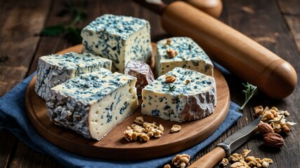 Wall Mural - appetizing Roquefort blue cheese charcuterie on wooden plate flat lay aesthetic setup for ads