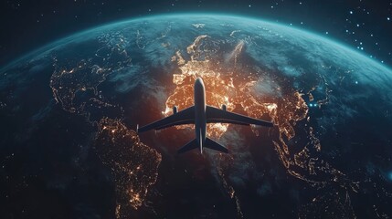 Wall Mural - nighttime aerial view of an airplane soaring above the planet's surface