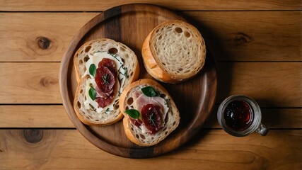 Wall Mural - appetizing baguette slices charcuterie on wooden plate flat lay aesthetic setup for ads