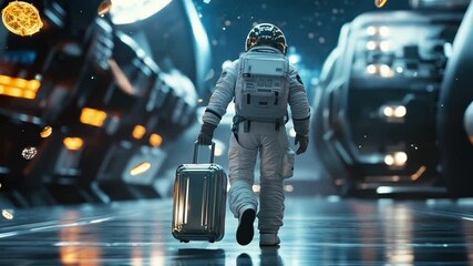 an astronaut carries a suitcase while walking through a sleek, advanced space station corridor. cosm