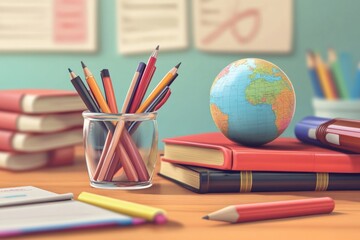 Poster - A globe sits next to books on a table, perfect for educational or travel-related projects