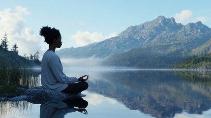 Poster - A woman sits on a rock overlooking a serene lake, perfect for editorial or advertising use