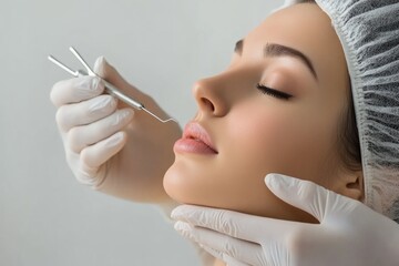 Poster - A woman having her lip examined by a doctor in a clinical setting