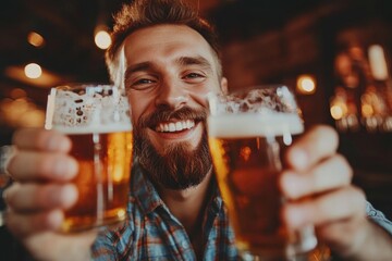 Wall Mural - A person holds two glasses of beer in front of their face, possibly enjoying or hiding